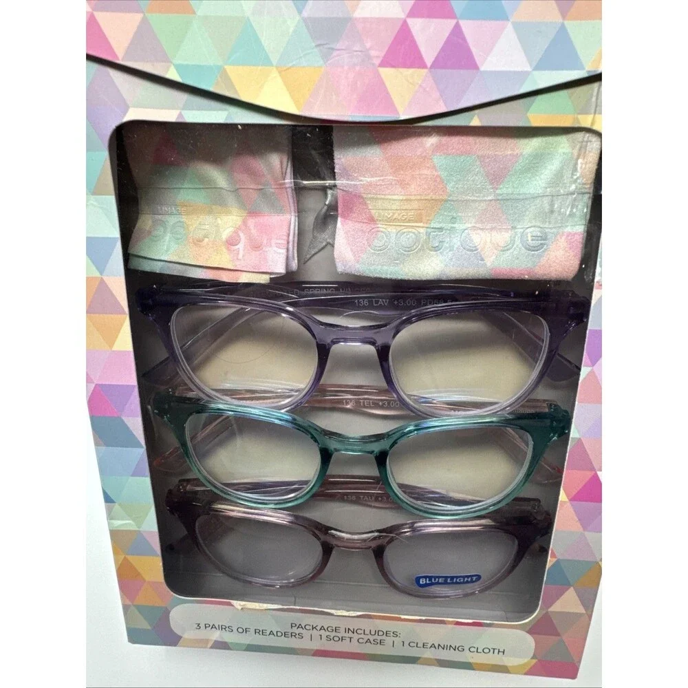 Optique Readers +3.00 3 Pair, One Blue Light Soft Case Cleaning Cloth NEW